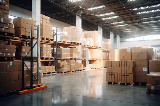 Distribution Warehouse With Cardboard Boxes On The Racks And On The Floor, aesthetic look