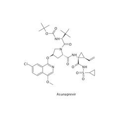 Asunaprevir  flat skeletal molecular structure Protease inhibitor antivral, NS3 4A drug used in Hepatitis C treatment. Vector illustration scientific diagram.