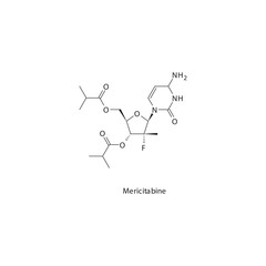 Mericitabine  flat skeletal molecular structure RNA polymerase inhibitor antiviral drug used in Hepatitis C treatment. Vector illustration scientific diagram.