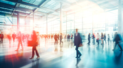 Image of people in the lobby of a modern business center with a blurred background. AI Generated