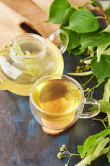 Herbal organic natural linden tea in glassware. Healthy, warm beverage