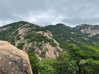 beautiful view of the blue sky and high mountain range