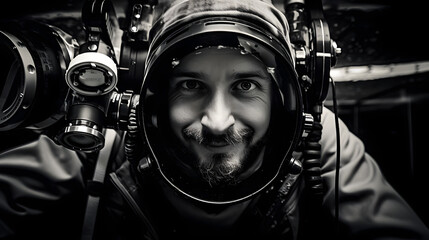 Intimate close-up portrait of deep-sea researcher studying rare species under water in the vast ocean in black and white