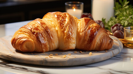 freshly baked croissant with butter served on a white plate on a marble table with flowers on a sunny morning