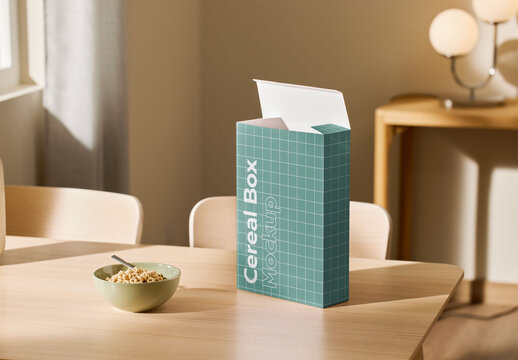 Mockup of open customizable cereal box with customizable cereal