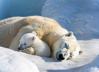 Mother polar bear cuddles with baby polar bear in the snow