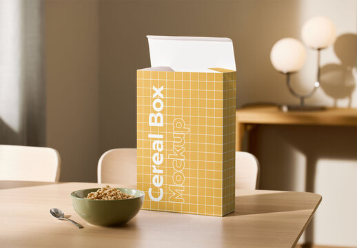 Mockup of open customizable cereal and customizable cereal box
