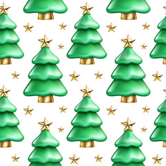 Seamless pattern of realistic 3d cartoon green Christmas tree, golden star. Decorative winter holiday symbol. Happy New Year vector illustration for greeting card, wallpaper, wrapping paper, fabric