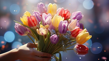Hands hold a bouquet of tulips on a bright spring background. For Mother's Day, women's day, birthday, greeting card.