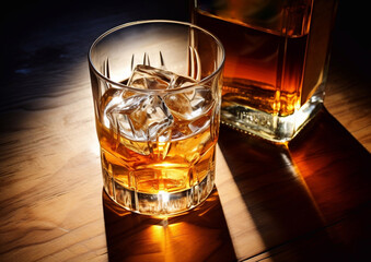 Bottle of whiskey with glass and ice standing on on wooden table.View from above.AI Generative