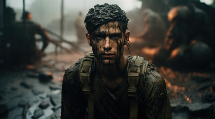 A battle-worn soldier, armed with a deadly weapon, stands defiantly in the midst of an outdoor warzone, captured in a gritty screenshot as mud covers his determined face, embodying the brutality and  - Powered by Adobe