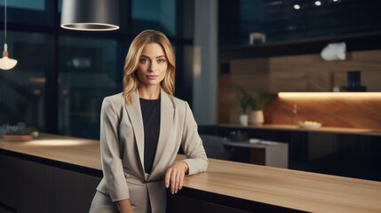 Fototapeta premium A fierce woman in a sharp suit commands attention as she leans against the counter, her confident stance and impeccable fashion making the indoor space her own