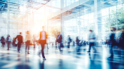 Image of people in the lobby of a modern business center with a blurred background. AI Generated