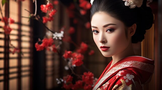 A vibrant geisha undergoes a stunning transformation, donning a red kimono with a shimada headpiece and sakko robe adorned with delicate flowers, exuding elegance and fashion in an indoor setting