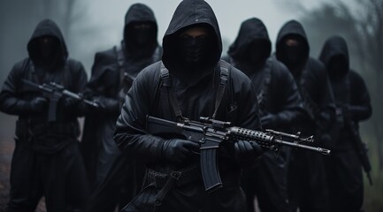 A fierce and dangerous crew clad in all black brandishing weapons of war, their rifles and guns ready to unleash violence in the great outdoors, as they stand stoically with their capsule of destruct - obrazy, fototapety, plakaty
