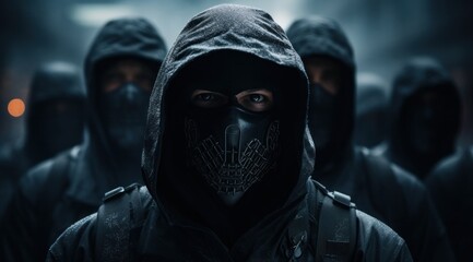 A mysterious group of masked individuals, their identities hidden behind the darkness, gathered together with a sense of human unity and a hint of rebellion