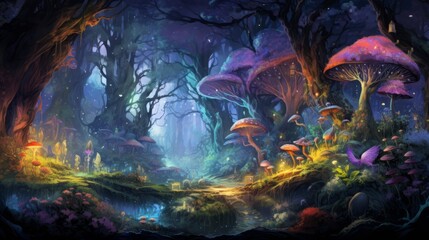 A border of enchanted forests with mystical creatures