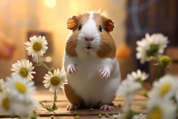 Cute guinea pig standing on hind legs, flowers around - obrazy, fototapety, plakaty