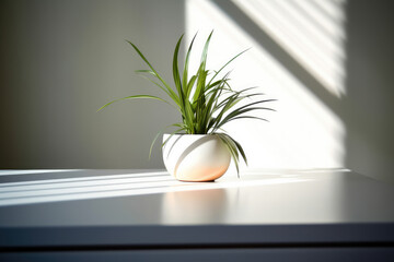Green flower in a pot on a table in a modern room, bright interior lighting, space for text
