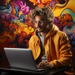 a young man in glasses and a yellow jacket with a laptop against the backdrop of a bright cafe interior. 