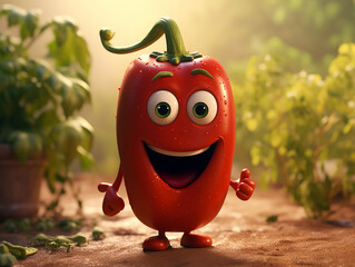 cute smiling pepper cartoon character on blurred vegetable garden background