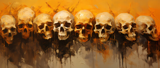 Skulls and bones pattern, texture painting with oil brush stroke, palette knife paint on canvas