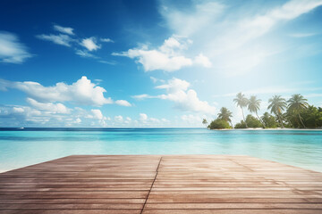 A tropical landscape, with a wood deck on the seashore