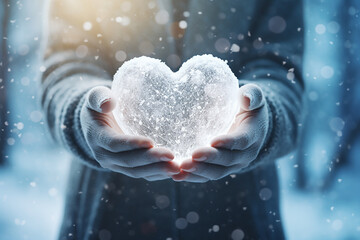 Hands holding a snow heart - obrazy, fototapety, plakaty