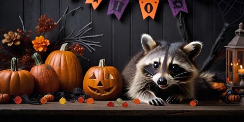 Halloween cat and pumpkin, Halloween cute raccoon