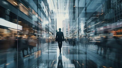 businessman is walking in a busy city.