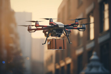 Delivery drone flying in city, aesthetic look