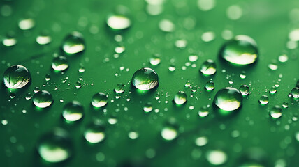 Water droplets on green background