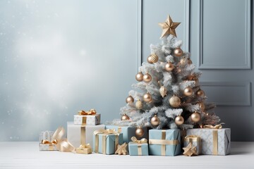 Christmas tree with gifts. Soft focus background with bokeh glowing lights.