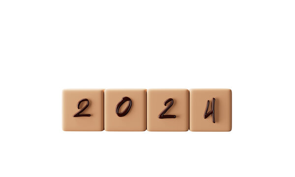 Cube turns from 2023 to 2024 on pink background.3d illustration.	