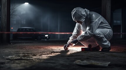 Crime scene investigation with forensic scientists analyzing evidence, DNA, and blood samples, highlighting forensic science, evidence analysis, and crime scene examination. - obrazy, fototapety, plakaty