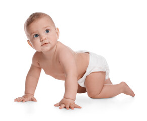 Cute little baby in diaper crawling on white background