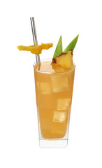 Glass of tasty pineapple cocktail isolated on white
