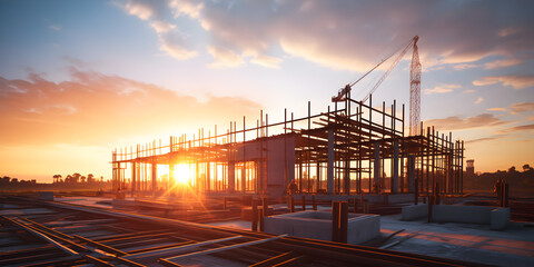 Construction site of under construction building architectural project at sunset,Construction building site

