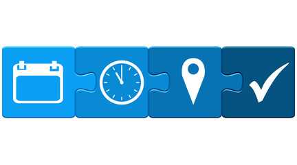 Puzzle Button Banner zeigt Datum, Zeit und Ort in blau