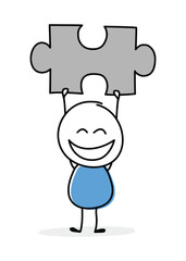 Funny cartoon stickman holding puzzle icon. Hand drawn design for a business presentation. Vector illustration