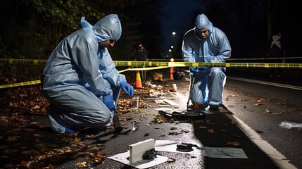 A forensic team of detectives and experts examining a crime scene, collecting evidence, and analyzing soil and other proof in a homicide investigation. - obrazy, fototapety, plakaty