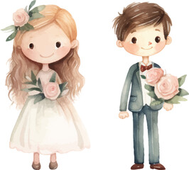 cute childish wedding illustrations drawn in watercolor on white background.