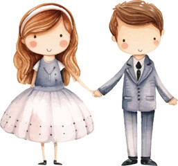 cute childish wedding illustrations drawn in watercolor on white background.