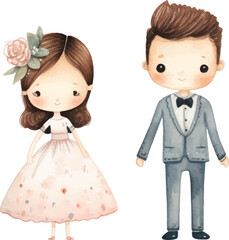 cute childish wedding illustrations drawn in watercolor on white background.