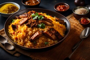 A steaming  of Biryani, the aromatic spices and layers of saffron-infused rice and tender meat beautifully presented, creating an enticing visual of this beloved Indian dish, Food Photography, with na