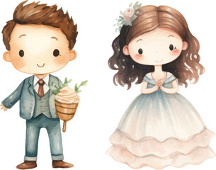 cute childish wedding illustrations drawn in watercolor on white background.