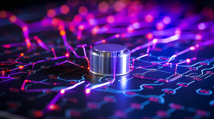 A quantum cryptography setup with entangled photons for secure key distribution, quantum technologies, blurred background, with copy space