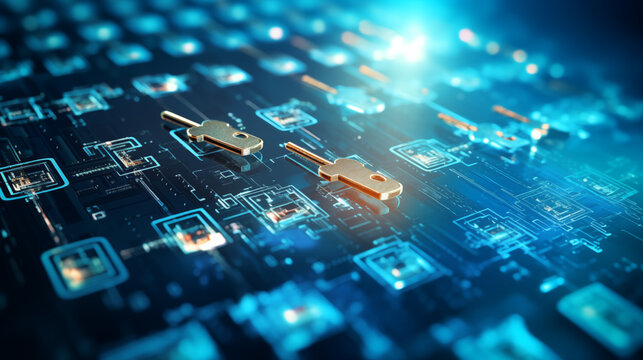 Quantum cryptography keys being generated and exchanged for secure communication, quantum technologies, blurred background, with copy space