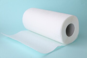 One roll of paper towels on light blue background, closeup
