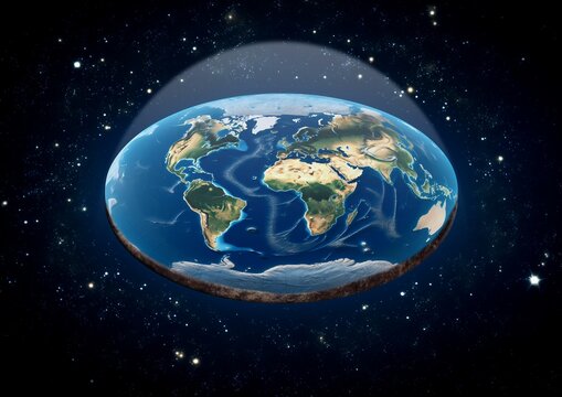 an illustration of a flat Earth as 3d discus object with all continents covered with atmospheric dome made of air, floating in space with stars